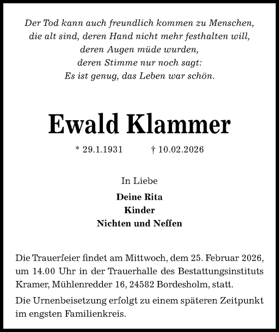 Traueranzeige von Ewald Klammer von Kieler Nachrichten