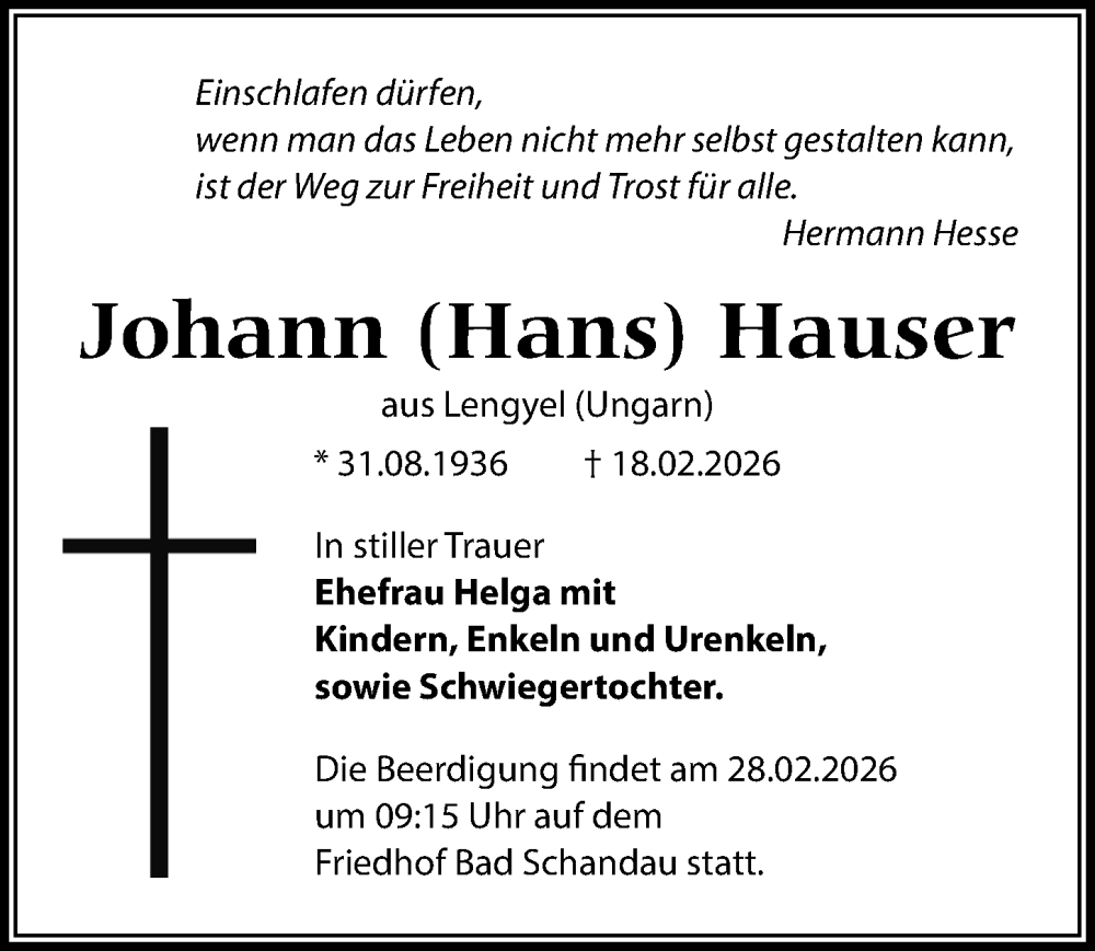  Traueranzeige für Johann Hauser vom 26.02.2026 aus Sächsische Zeitung