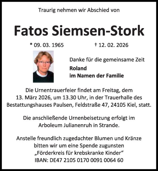 Traueranzeige von Fatos Siemsen-Stork von Kieler Nachrichten
