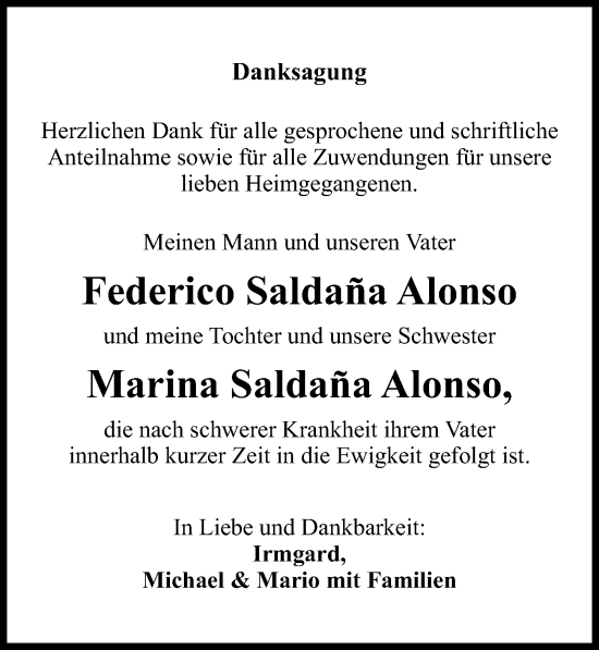 Traueranzeige von Federico Saldana Alonso von Göttinger Tageblatt