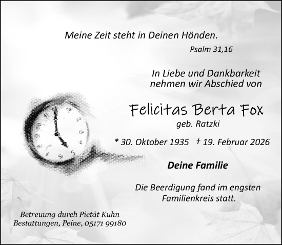 Traueranzeige von Felicitas Berta Fox von Peiner Allgemeine Zeitung