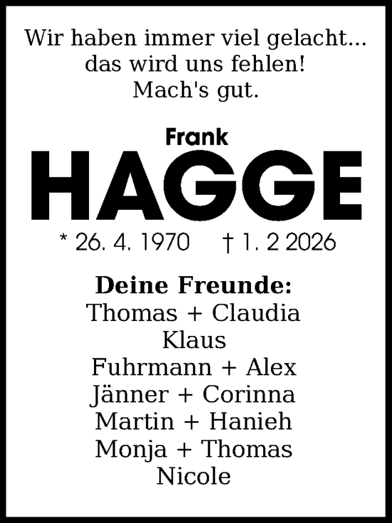 Traueranzeige von Frank Hagge von Kieler Nachrichten