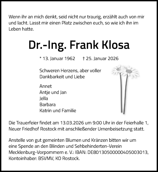 Traueranzeige von Frank Klosa von Ostsee-Zeitung GmbH