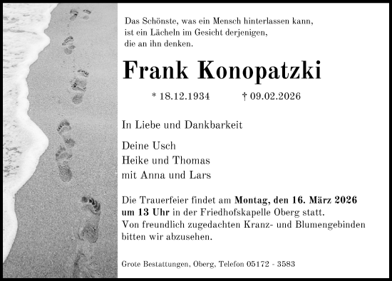 Traueranzeige von Frank Konopatzki von Peiner Allgemeine Zeitung