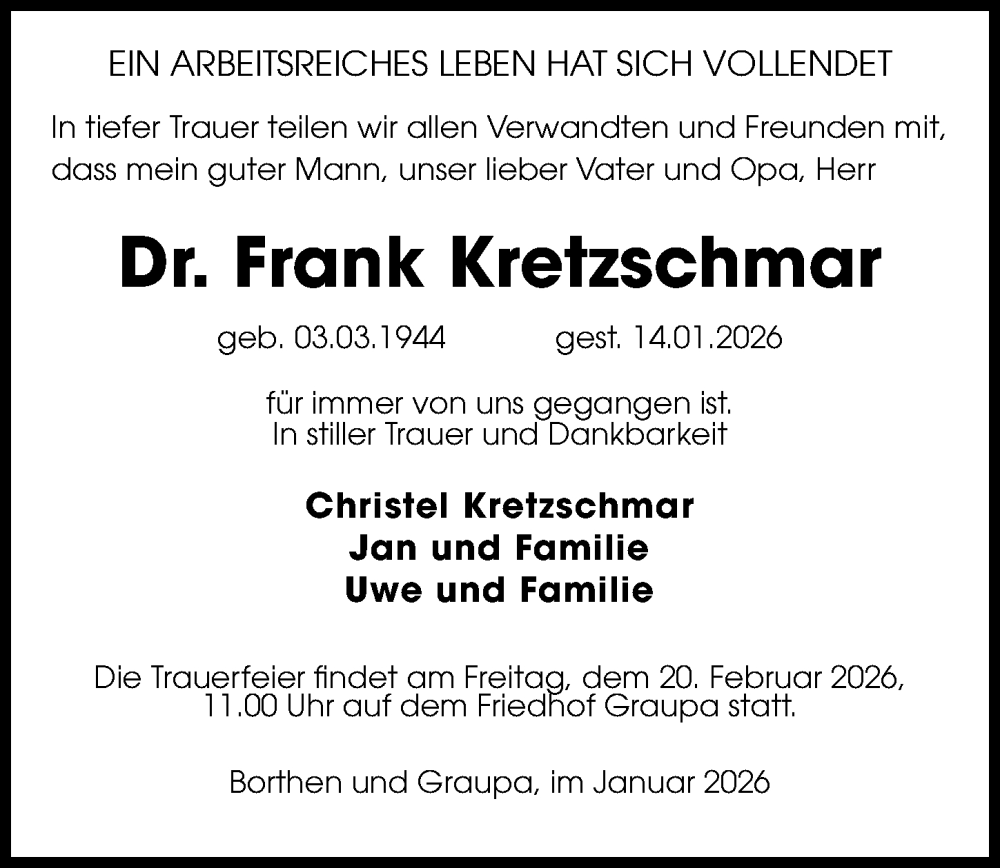  Traueranzeige für Frank Kretzschmar vom 07.02.2026 aus Sächsische Zeitung