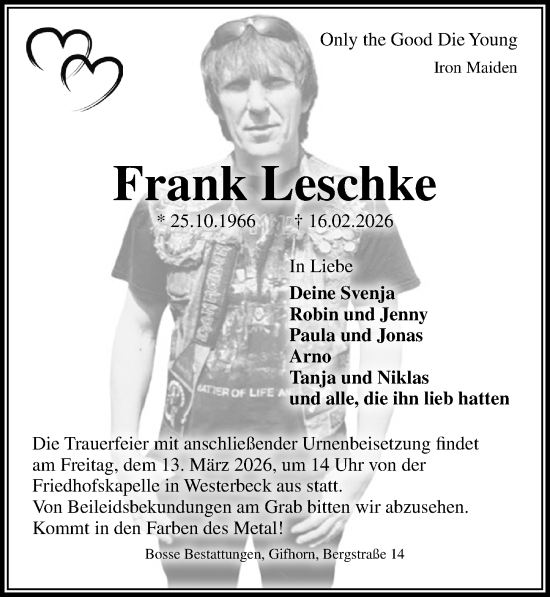 Traueranzeige von Frank Leschke von Aller Zeitung