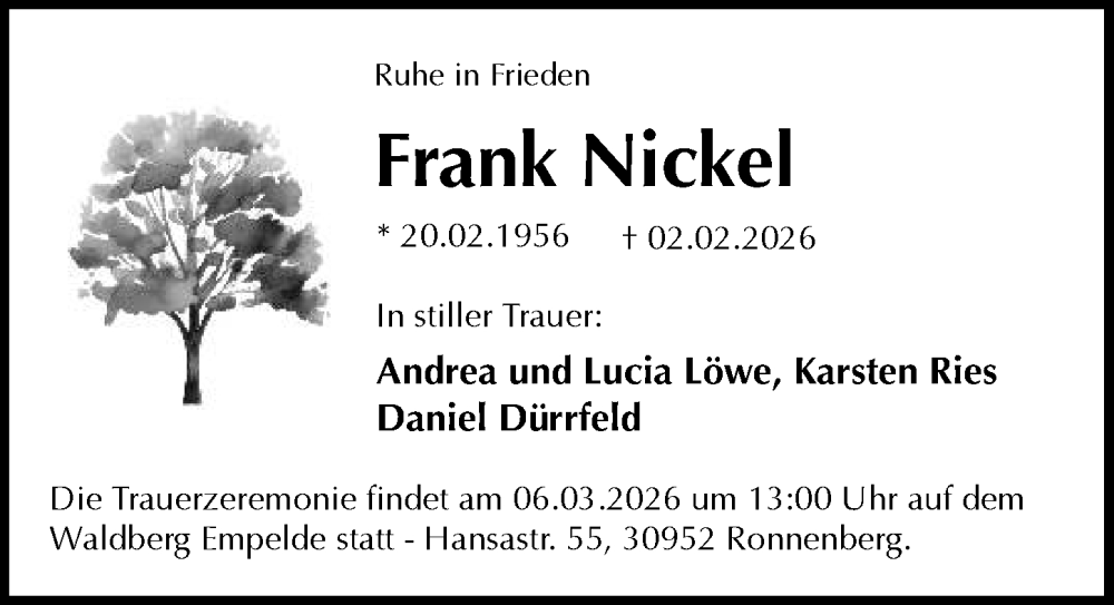  Traueranzeige für Frank Nickel vom 28.02.2026 aus Hannoversche Allgemeine Zeitung/Neue Presse