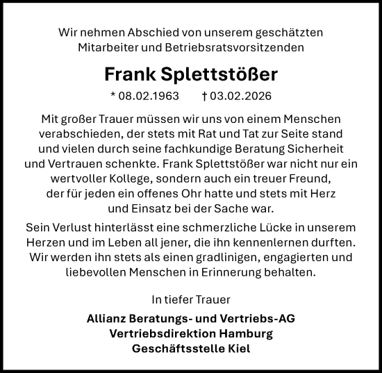 Traueranzeige von Frank Splettstößer von Lübecker Nachrichten