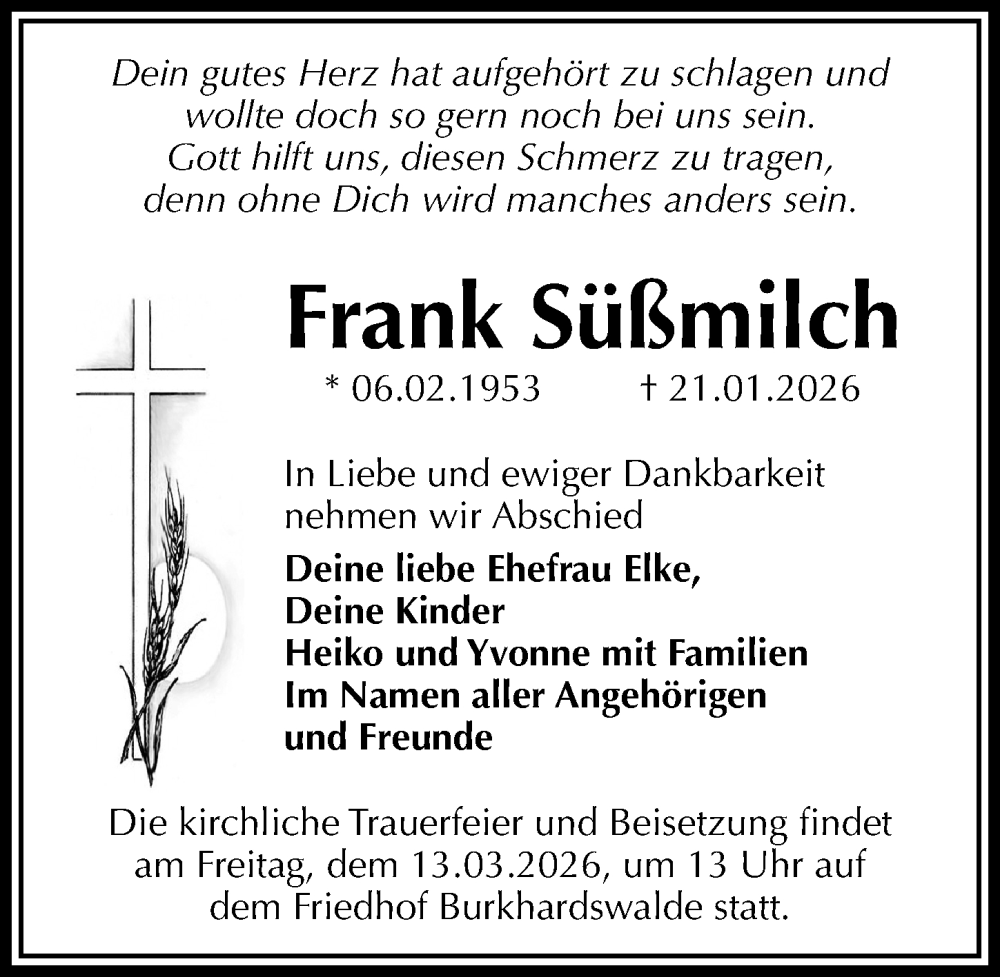  Traueranzeige für Frank Süßmilch vom 28.02.2026 aus Sächsische Zeitung