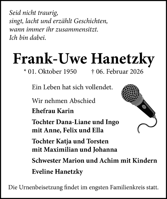 Traueranzeige von Frank-Uwe Hanetzky von Sächsische Zeitung