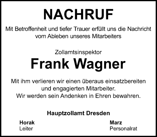 Traueranzeige von Frank Wagner von Sächsische Zeitung