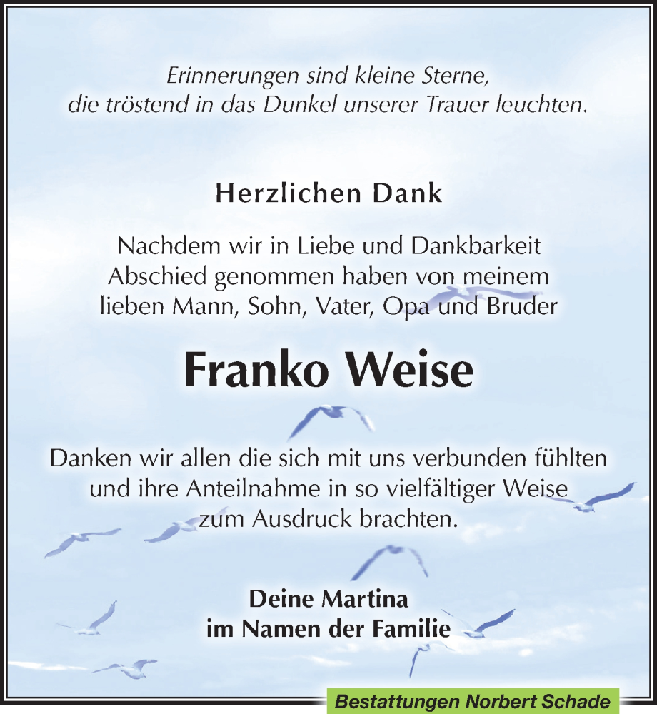  Traueranzeige für Franko Weise vom 24.01.2026 aus Leipziger Volkszeitung