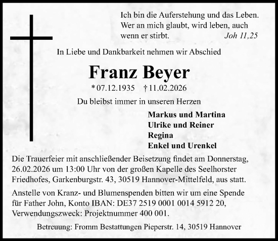 Traueranzeige von Franz Beyer von Hannoversche Allgemeine Zeitung/Neue Presse