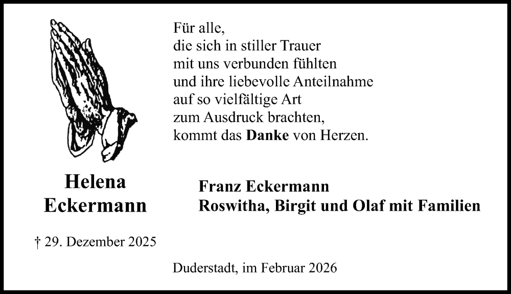  Traueranzeige für Franz Eckermann vom 07.02.2026 aus Eichsfelder Tageblatt