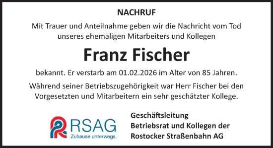 Traueranzeige von Franz Fischer von Ostsee-Zeitung GmbH