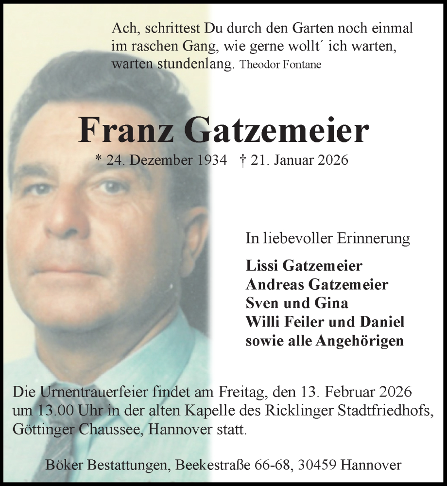  Traueranzeige für Franz Gatzemeier vom 07.02.2026 aus Hannoversche Allgemeine Zeitung/Neue Presse