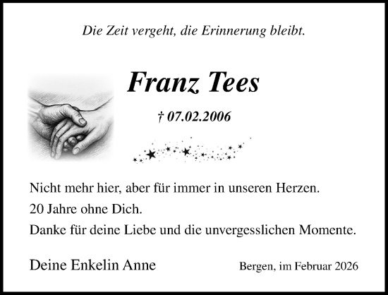 Traueranzeige von Franz Tees von Ostsee-Zeitung GmbH