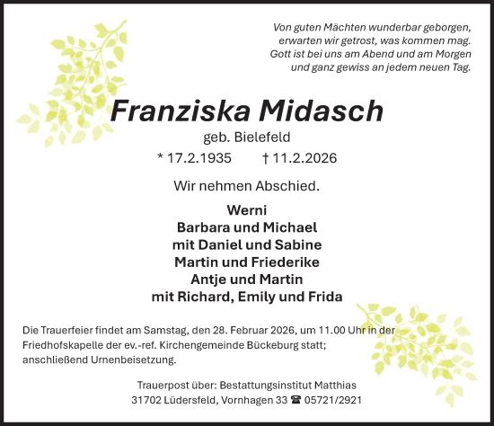 Traueranzeige von Franziska Midasch von Schaumburger Nachrichten