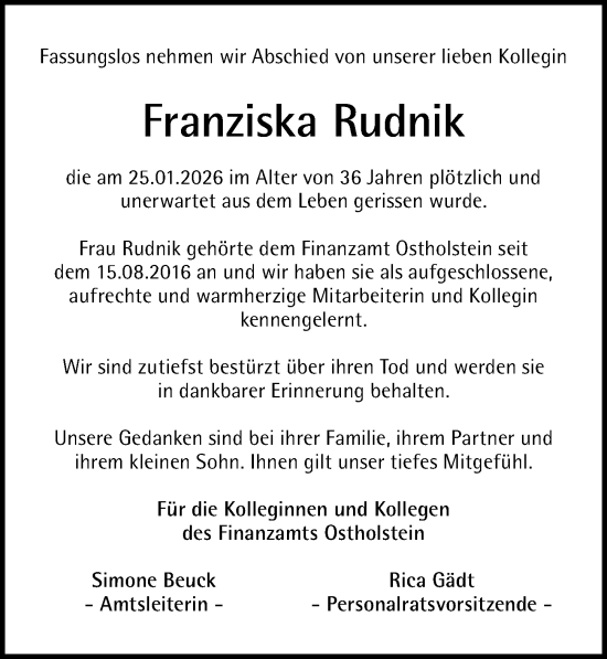 Traueranzeige von Franziska Rudnik von Lübecker Nachrichten