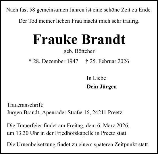 Traueranzeige von Frauke Brandt von Kieler Nachrichten