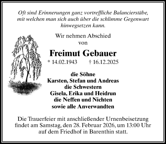 Traueranzeige von Freimut Gebauer von Wochenspiegel