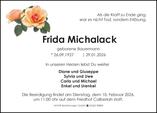 Traueranzeige von Frida Michalack von Aller Zeitung