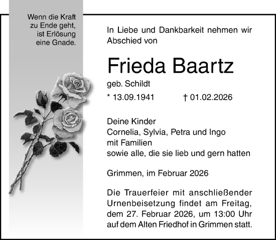 Traueranzeige von Frieda Baartz von Ostsee-Zeitung GmbH