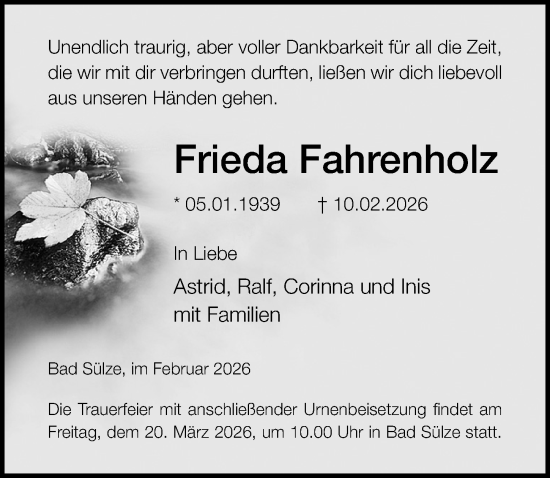 Traueranzeige von Frieda Fahrenholz von Ostsee-Zeitung GmbH