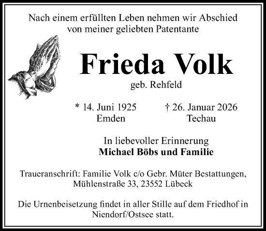 Traueranzeige von Frieda Volk von Lübecker Nachrichten