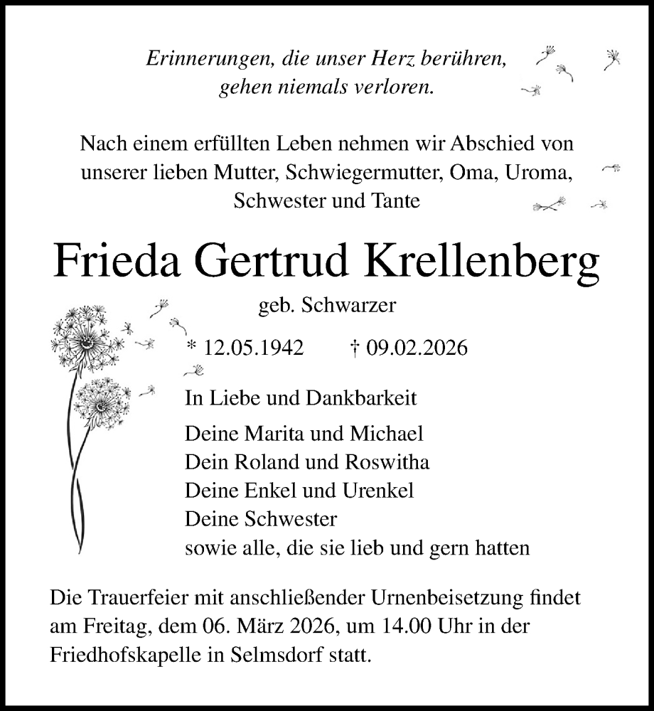  Traueranzeige für Frieda Gertrud Krellenberg vom 28.02.2026 aus Ostsee-Zeitung GmbH