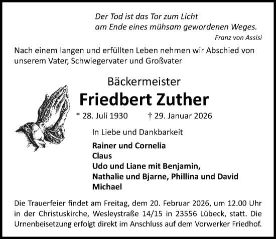 Traueranzeige von Friedbert Zuther von Lübecker Nachrichten
