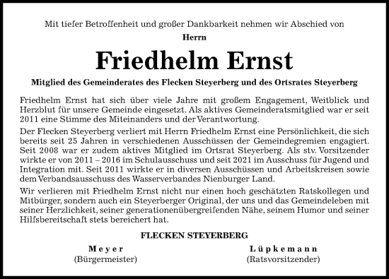 Traueranzeige von Friedhelm Ernst von Die Harke