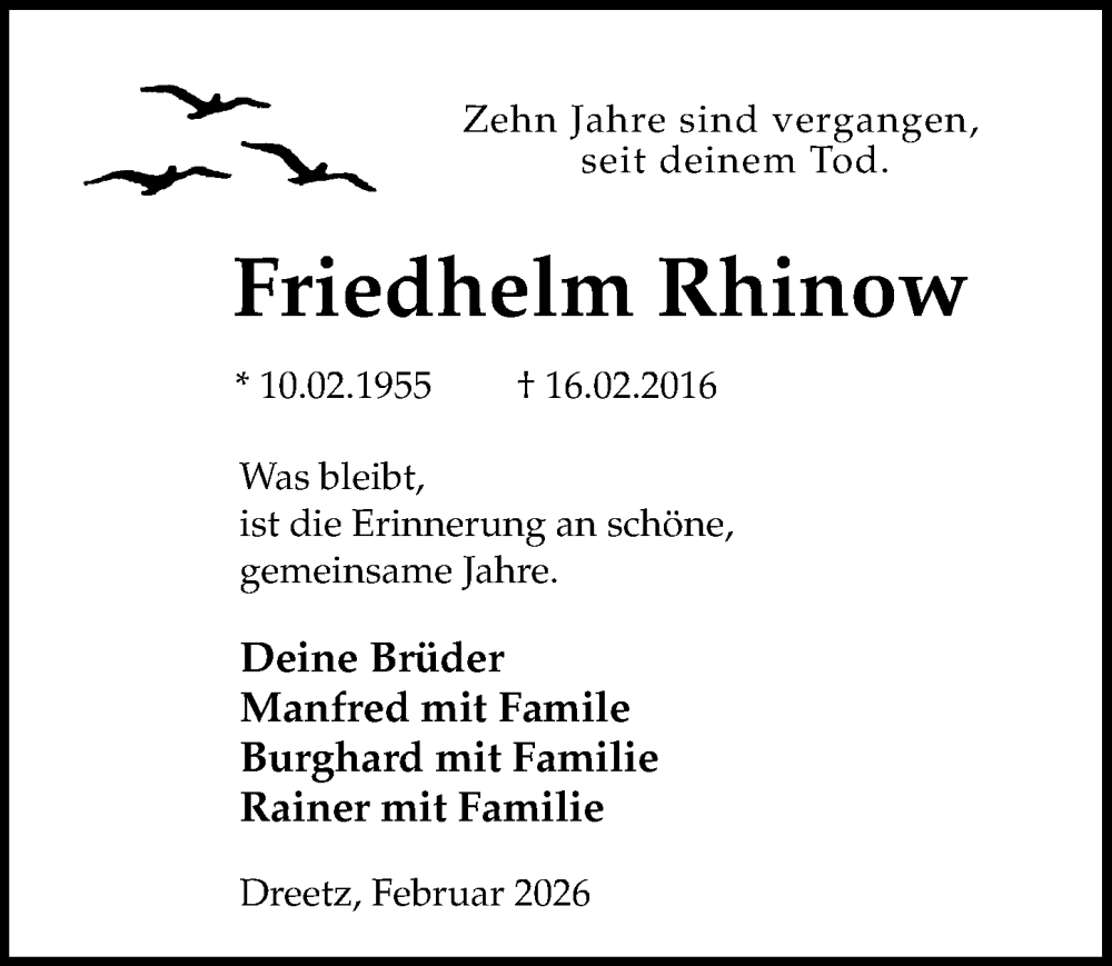  Traueranzeige für Friedhelm Rhinow vom 14.02.2026 aus Wochenspiegel