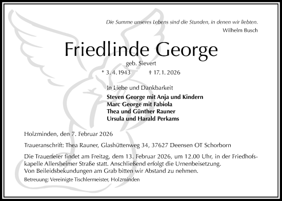 Traueranzeige von Friedlinde George von Täglicher Anzeiger Holzminden