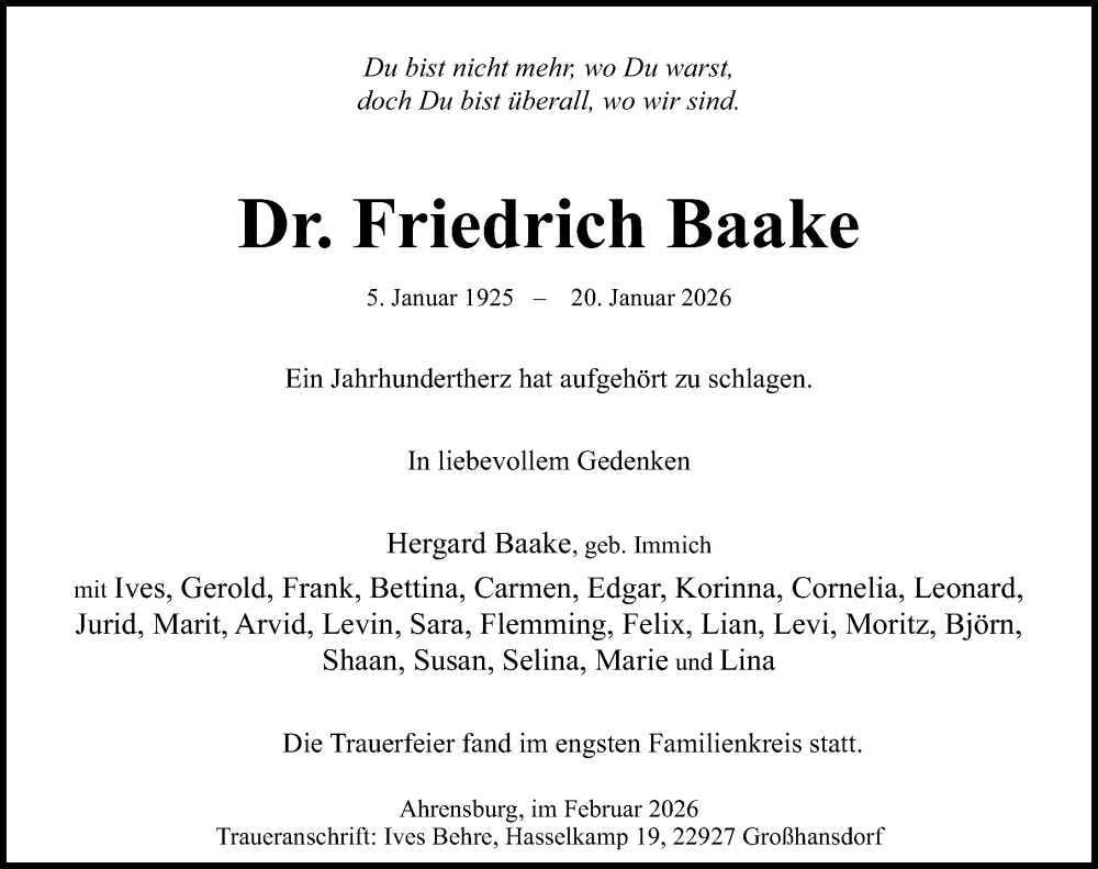  Traueranzeige für Friedrich Baake vom 08.02.2026 aus Lübecker Nachrichten