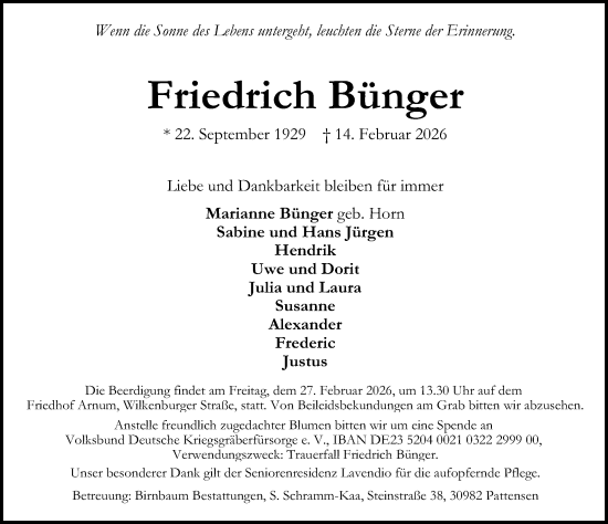 Traueranzeige von Friedrich Bünger von Hannoversche Allgemeine Zeitung/Neue Presse