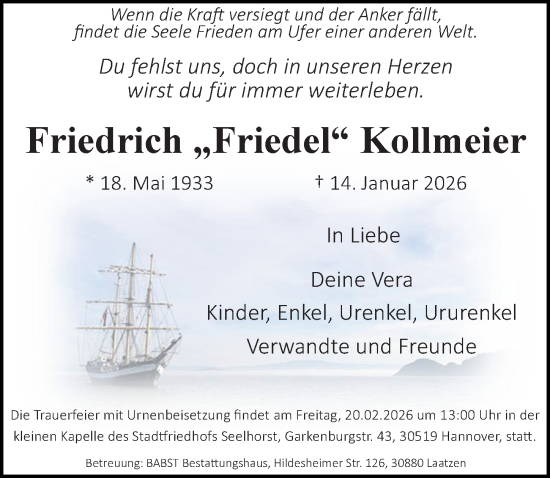 Traueranzeige von Friedrich Kollmeier von Hannoversche Allgemeine Zeitung/Neue Presse