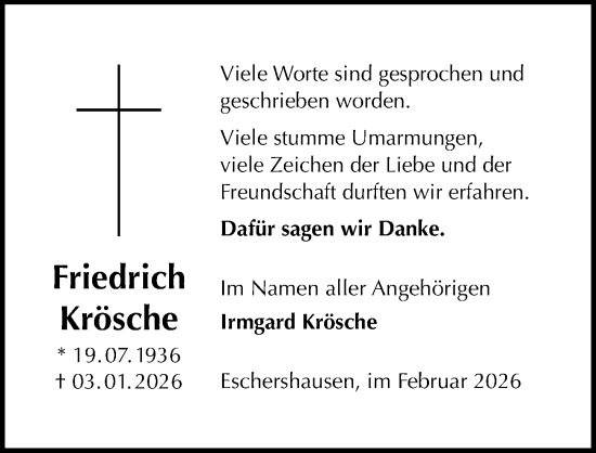 Traueranzeige von Friedrich Krösche von Täglicher Anzeiger Holzminden