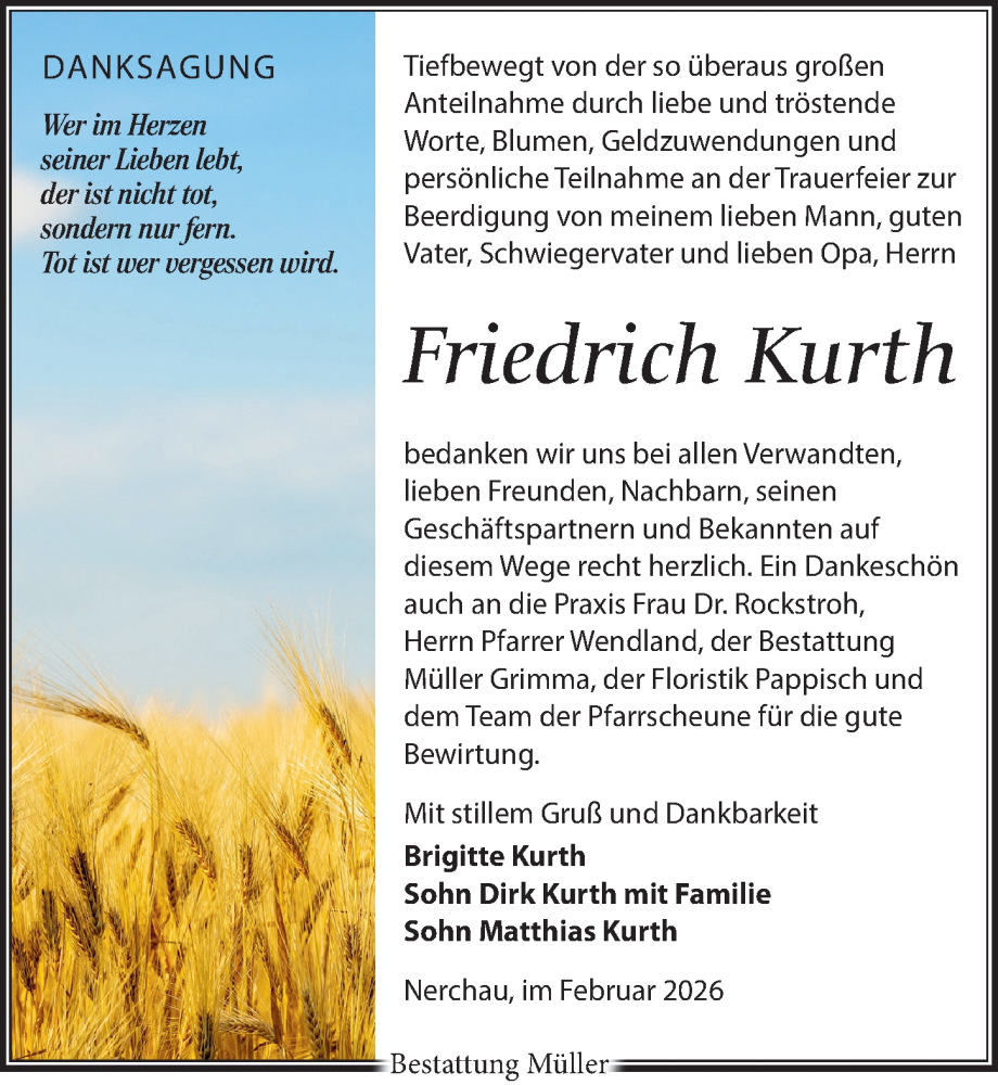  Traueranzeige für Friedrich Kurth vom 14.02.2026 aus Leipziger Volkszeitung
