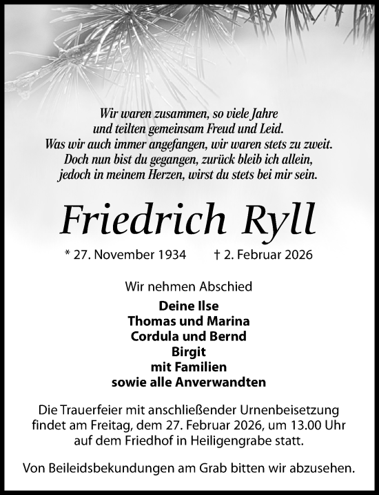 Traueranzeige von Friedrich Ryll von Wochenspiegel