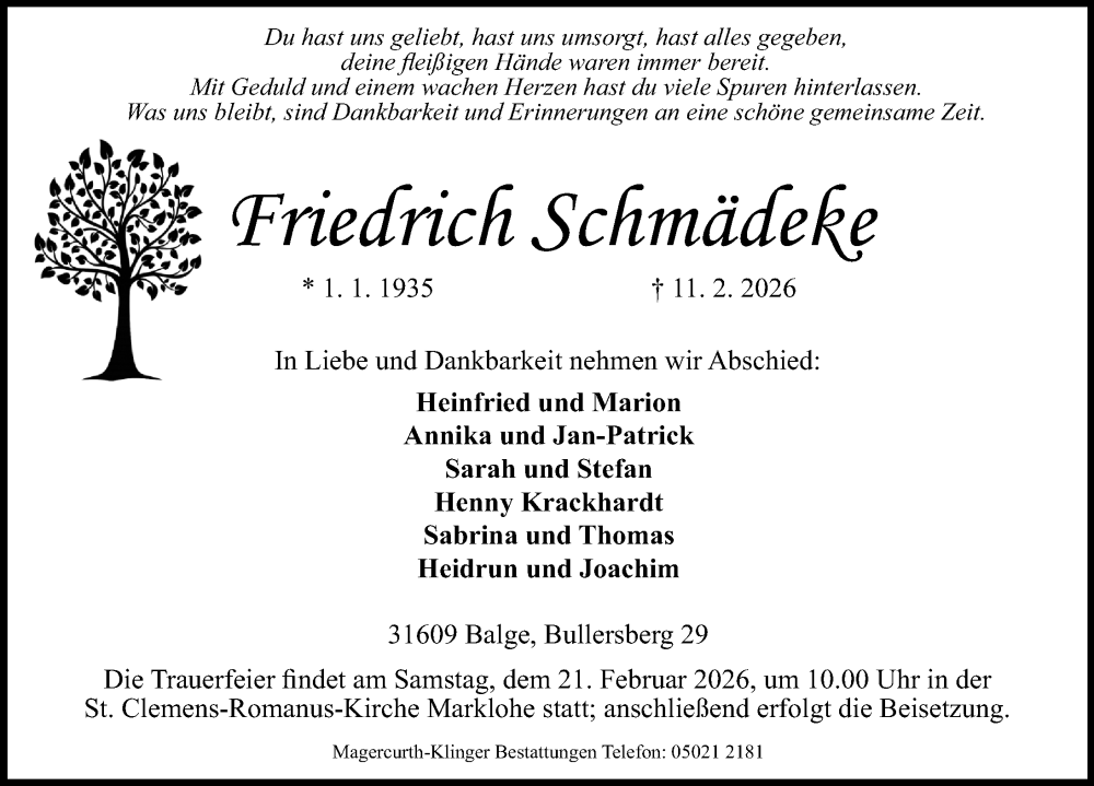  Traueranzeige für Friedrich Schmädeke vom 14.02.2026 aus Die Harke