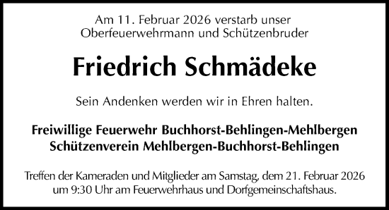 Traueranzeige von Friedrich Schmädeke von Die Harke