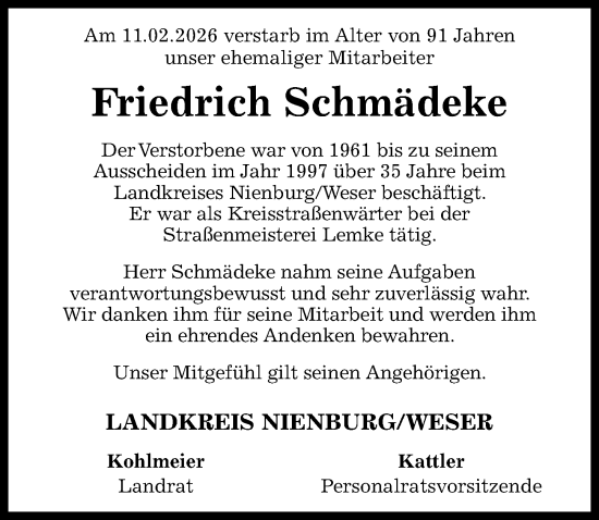Traueranzeige von Friedrich Schmädeke von Die Harke