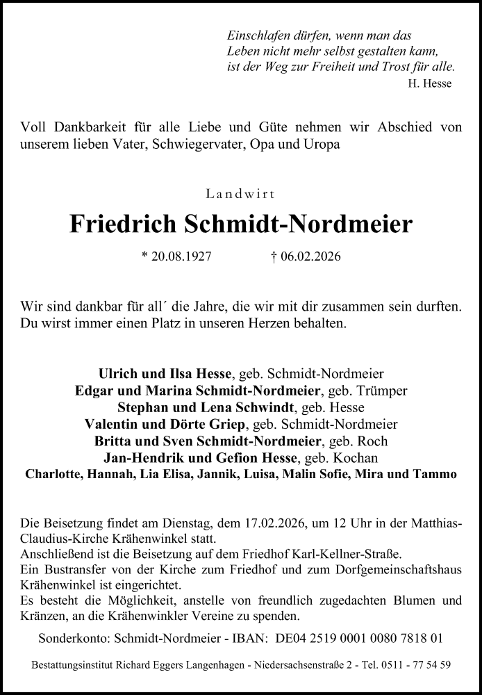  Traueranzeige für Friedrich Schmidt-Nordmeier vom 14.02.2026 aus Hannoversche Allgemeine Zeitung/Neue Presse