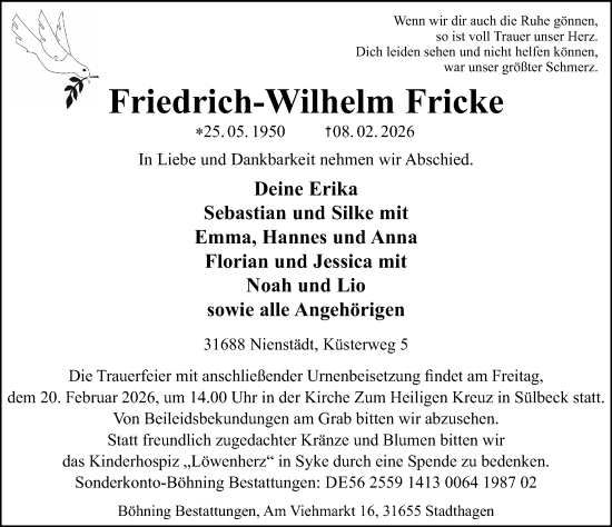 Traueranzeige von Friedrich-Wilhelm Fricke von Schaumburger Nachrichten