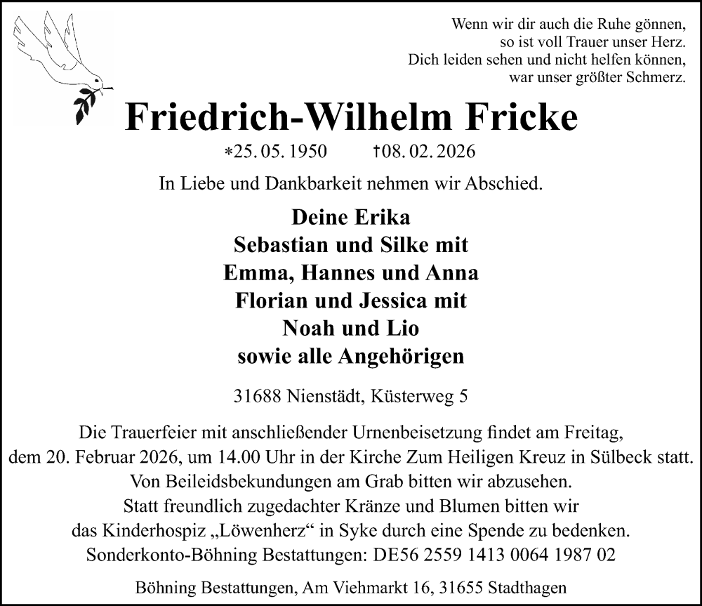 Traueranzeige für Friedrich-Wilhelm Fricke vom 14.02.2026 aus Schaumburger Nachrichten