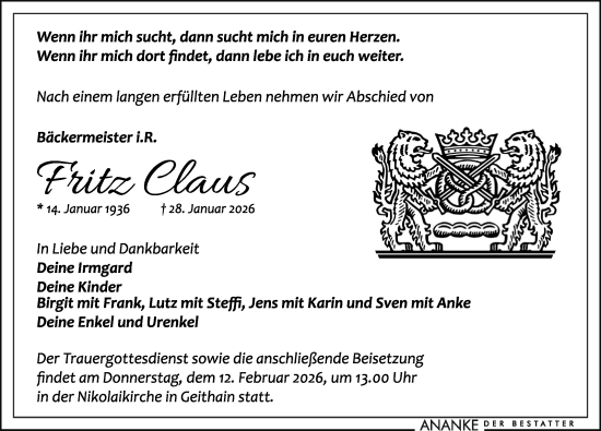 Traueranzeige von Fritz Claus von Leipziger Volkszeitung