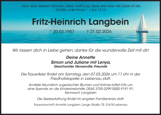Traueranzeige von Fritz-Heinrich Langbein von Die Harke