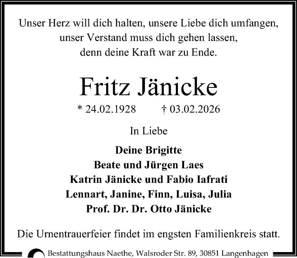  Traueranzeige für Fritz Jänicke vom 14.02.2026 aus Hannoversche Allgemeine Zeitung/Neue Presse