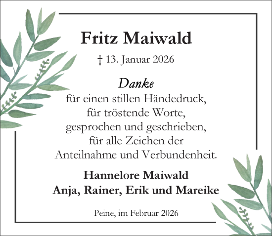 Traueranzeige von Fritz Maiwald von Peiner Allgemeine Zeitung
